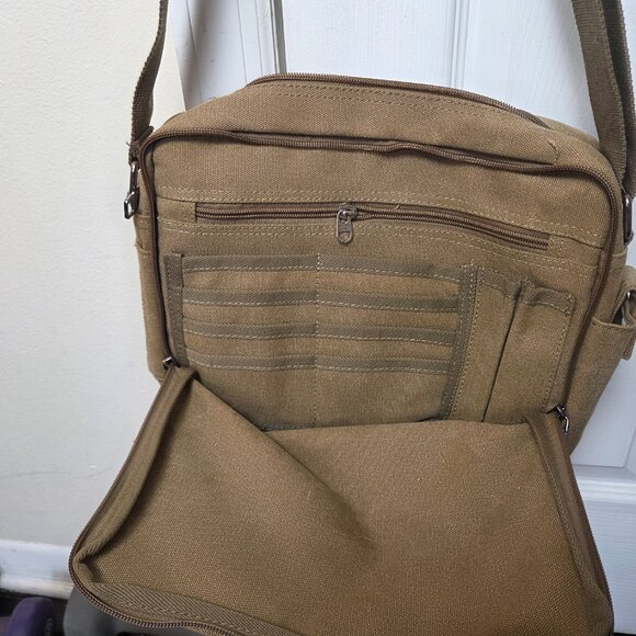 Olive Green Canvas Messenger Bag Laptop Shoulder Bag Durable Crossbody for Men - Picture 5 of 13